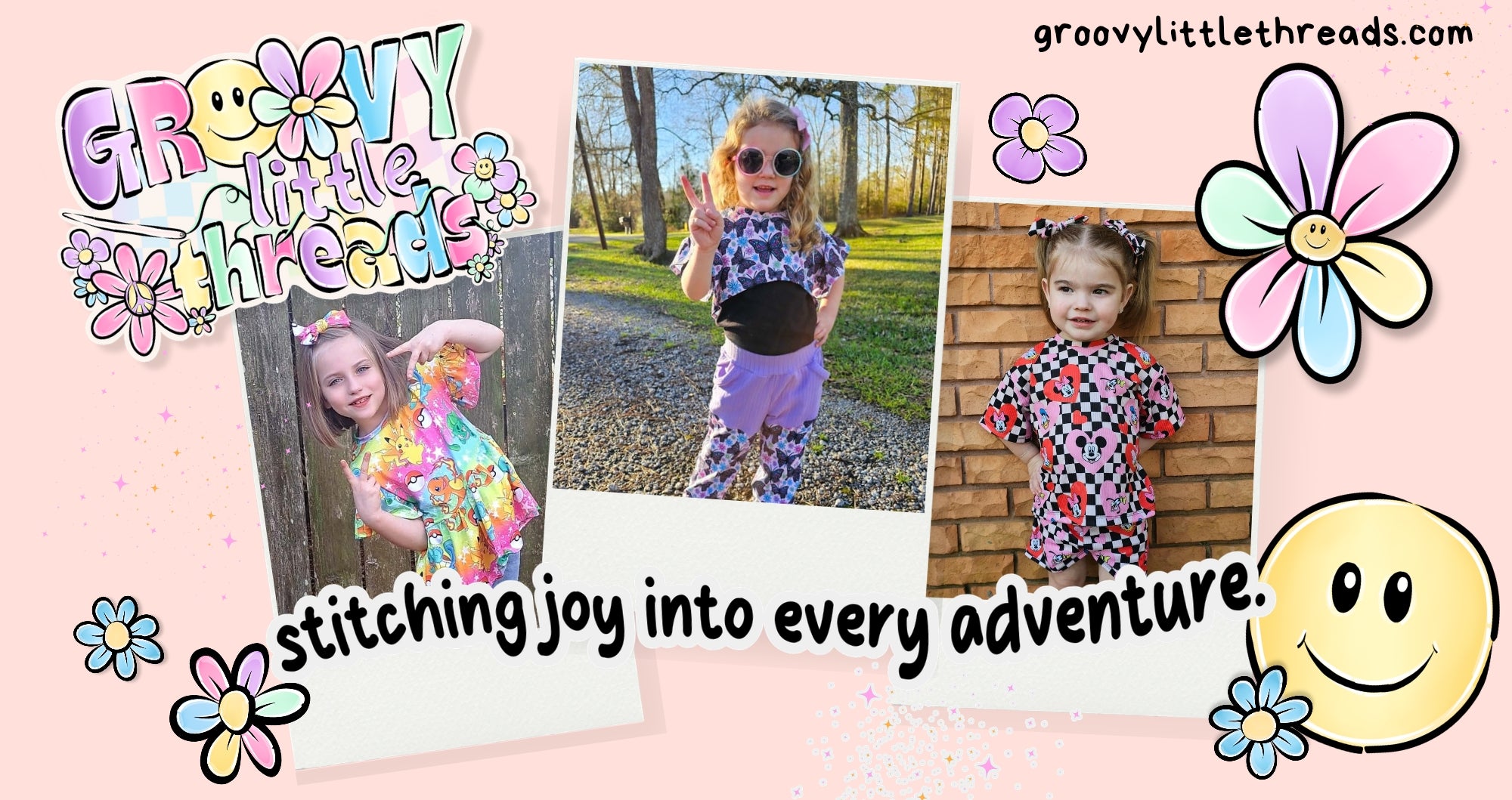 Children in colorful outfits with 'Groovy Little Threads' branding on a pink background.